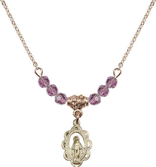 18" Hamilton Gold Plated Necklace with 4mm Light Amethyst Crystal Beads featuring a 14kt Gold Filled Miraculous Medal.