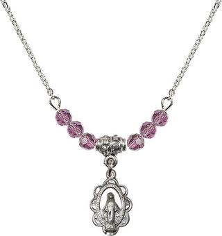 18" Rhodium Plated Necklace with 4mm Light Amethyst Crystal Beads featuring a Sterling Silver Miraculous Medal.