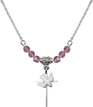 18" Rhodium Plated Necklace with 4mm Light Amethyst Crystal Beads featuring a Sterling Silver Cross / Holy Spirit Medal.