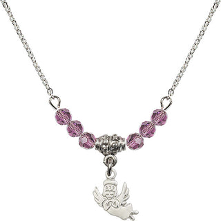 18" Rhodium Plated Necklace with 4mm Light Amethyst Crystal Beads featuring a Sterling Silver Guardian Angel Medal.