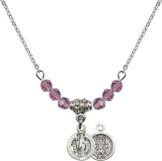 18" Rhodium Plated Necklace with 4mm Light Amethyst Crystal Beads featuring a Sterling Silver Saint Benedict Medal.