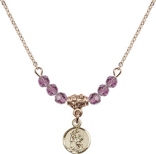 18" Hamilton Gold Plated Necklace with 4mm Light Amethyst Crystal Beads featuring a 14kt Gold Filled Saint Christopher Medal.