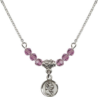 18" Rhodium Plated Necklace with 4mm Light Amethyst Crystal Beads featuring a Sterling Silver Saint Christopher Medal.