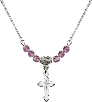 18" Rhodium Plated Necklace with 4mm Light Amethyst Crystal Beads featuring a Sterling Silver Cross Medal.