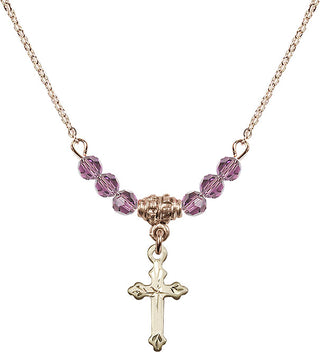 18" Hamilton Gold Plated Necklace with 4mm Light Amethyst Crystal Beads featuring a 14kt Gold Filled Cross Medal.