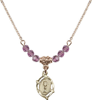 18" Hamilton Gold Plated Necklace with 4mm Light Amethyst Crystal Beads featuring a 14kt Gold Filled Communion Medal.