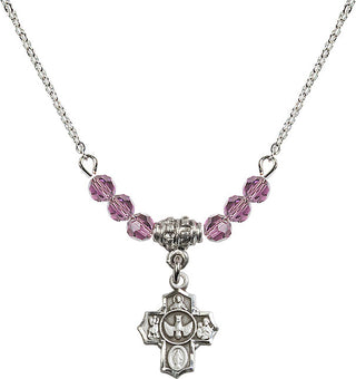 18" Rhodium Plated Necklace with 4mm Light Amethyst Crystal Beads featuring a Sterling Silver 5-Way Medal.