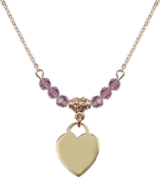 18" Hamilton Gold Plated Necklace with 4mm Light Amethyst Crystal Beads featuring a 14kt Gold Filled Heart Medal. Engraved Catholic Saint Jewelry