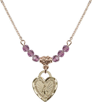18" Hamilton Gold Plated Necklace with 4mm Light Amethyst Crystal Beads featuring a 14kt Gold Filled Miraculous Heart Medal. Engraved Catholic Saint Jewelry