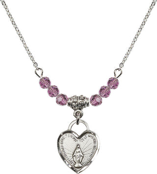 18" Rhodium Plated Necklace with 4mm Light Amethyst Crystal Beads featuring a Sterling Silver Miraculous Heart Medal. Engraved Catholic Saint Jewelry