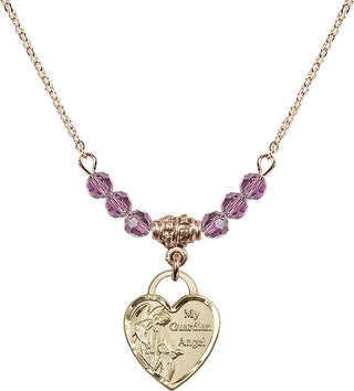 18" Hamilton Gold Plated Necklace with 4mm Light Amethyst Crystal Beads featuring a 14kt Gold Filled Guardian Angel Heart Medal. Engraved Catholic Saint Jewelry