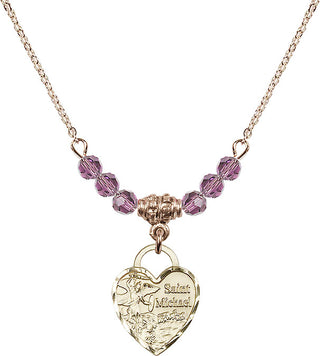 18" Hamilton Gold Plated Necklace with 4mm Light Amethyst Crystal Beads featuring a 14kt Gold Filled Saint Michael Heart Medal. Engraved Catholic Saint Jewelry