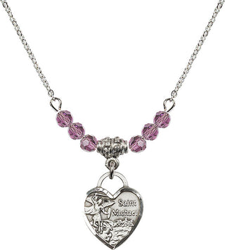 18" Rhodium Plated Necklace with 4mm Light Amethyst Crystal Beads featuring a Sterling Silver Saint Michael Heart Medal. Engraved Catholic Saint Jewelry