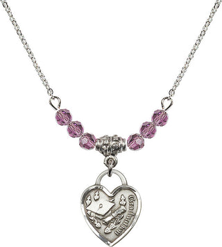 18" Rhodium Plated Necklace with 4mm Light Amethyst Crystal Beads featuring a Sterling Silver Graduation Heart Medal. Engraved Catholic Saint Jewelry
