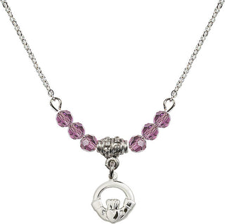 18" Rhodium Plated Necklace with 4mm Light Amethyst Crystal Beads featuring a Sterling Silver Claddagh Medal.