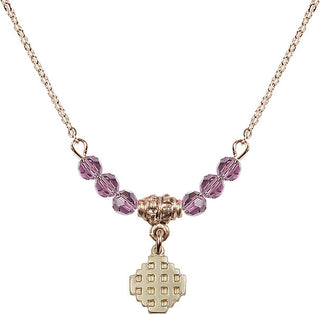 18" Hamilton Gold Plated Necklace with 4mm Light Amethyst Crystal Beads featuring a 14kt Gold Filled Jerusalem Cross Medal.
