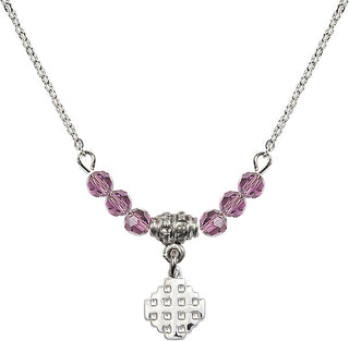 18" Rhodium Plated Necklace with 4mm Light Amethyst Crystal Beads featuring a Sterling Silver Jerusalem Cross Medal.
