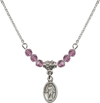 18" Rhodium Plated Necklace with 4mm Light Amethyst Crystal Beads featuring a Sterling Silver Scapular Medal.