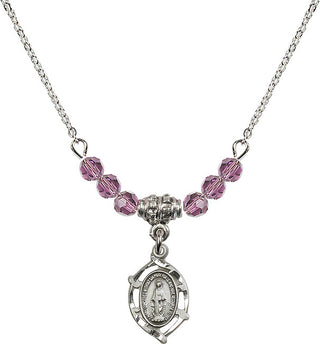 18" Rhodium Plated Necklace with 4mm Light Amethyst Crystal Beads featuring a Sterling Silver Miraculous Medal.