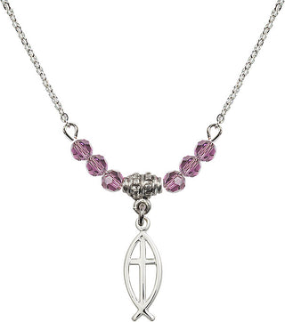 18" Rhodium Plated Necklace with 4mm Light Amethyst Crystal Beads featuring a Sterling Silver Fish / Cross Medal.