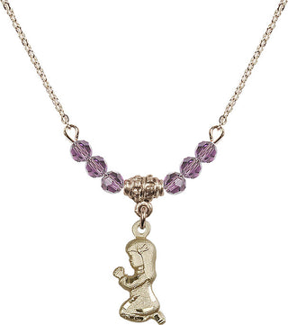 18" Hamilton Gold Plated Necklace with 4mm Light Amethyst Crystal Beads featuring a 14kt Gold Filled Praying Girl Medal.