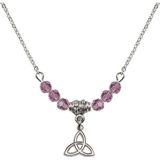 18" Rhodium Plated Necklace with 4mm Light Amethyst Crystal Beads featuring a Sterling Silver Trinity Irish Knot Medal.