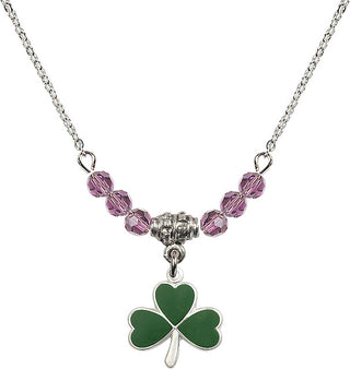 18" Rhodium Plated Necklace with 4mm Light Amethyst Crystal Beads featuring a Sterling Silver Shamrock Medal.
