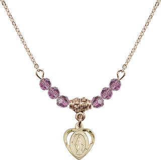 18" Hamilton Gold Plated Necklace with 4mm Light Amethyst Crystal Beads featuring a 14kt Gold Filled Miraculous Medal.