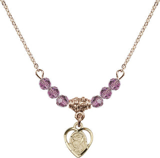 18" Hamilton Gold Plated Necklace with 4mm Light Amethyst Crystal Beads featuring a 14kt Gold Filled Saint Christopher Medal. Engraved Catholic Saint Jewelry
