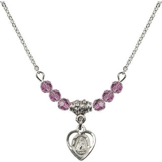 18" Rhodium Plated Necklace with 4mm Light Amethyst Crystal Beads featuring a Sterling Silver Infant Medal. Engraved Catholic Saint Jewelry