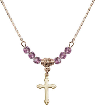 18" Hamilton Gold Plated Necklace with 4mm Light Amethyst Crystal Beads featuring a 14kt Gold Filled Cross Medal.