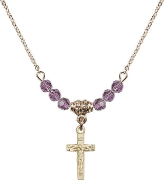 18" Hamilton Gold Plated Necklace with 4mm Light Amethyst Crystal Beads featuring a 14kt Gold Filled Crucifix Medal.