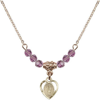18" Hamilton Gold Plated Necklace with 4mm Light Amethyst Crystal Beads featuring a 14kt Gold Filled Our Lady of Guadalupe Medal.