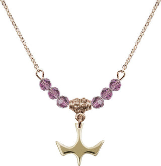 18" Hamilton Gold Plated Necklace with 4mm Light Amethyst Crystal Beads featuring a 14kt Gold Filled Holy Spirit Medal.