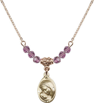 18" Hamilton Gold Plated Necklace with 4mm Light Amethyst Crystal Beads featuring a 14kt Gold Filled Madonna & Child Medal.