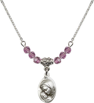 18" Rhodium Plated Necklace with 4mm Light Amethyst Crystal Beads featuring a Sterling Silver Madonna & Child Medal.