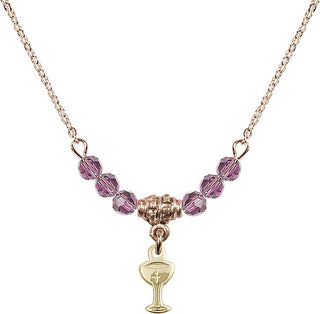 18" Hamilton Gold Plated Necklace with 4mm Light Amethyst Crystal Beads featuring a 14kt Gold Filled Chalice Medal.