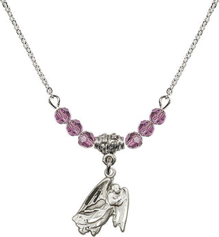 18" Rhodium Plated Necklace with 4mm Light Amethyst Crystal Beads featuring a Sterling Silver Guardian Angel Medal.