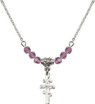 18" Rhodium Plated Necklace with 4mm Light Amethyst Crystal Beads featuring a Sterling Silver Greek Orthadox Cross Medal.