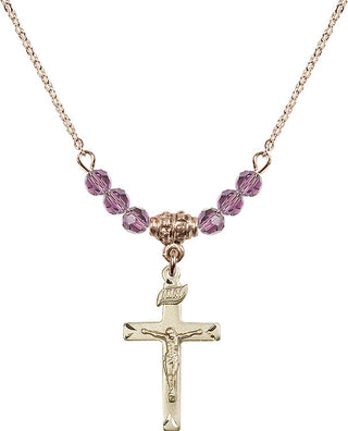 18" Hamilton Gold Plated Necklace with 4mm Light Amethyst Crystal Beads featuring a 14kt Gold Filled Crucifix Medal.