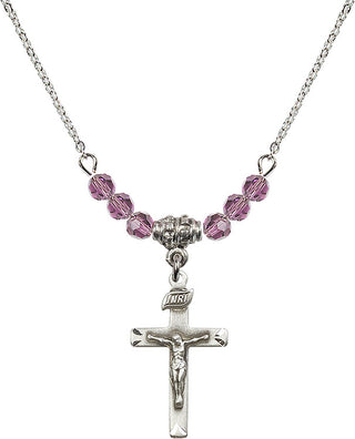 18" Rhodium Plated Necklace with 4mm Light Amethyst Crystal Beads featuring a Sterling Silver Crucifix Medal.