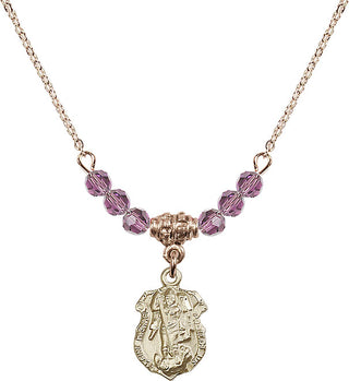 18" Hamilton Gold Plated Necklace with 4mm Light Amethyst Crystal Beads featuring a 14kt Gold Filled Saint Michael the Archangel Medal. Engraved Catholic Saint Jewelry