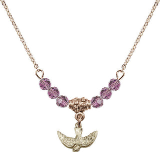 18" Hamilton Gold Plated Necklace with 4mm Light Amethyst Crystal Beads featuring a 14kt Gold Filled Holy Spirit Medal.