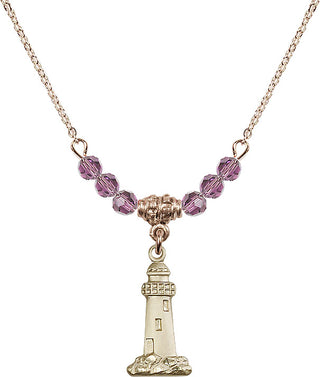 18" Hamilton Gold Plated Necklace with 4mm Light Amethyst Crystal Beads featuring a 14kt Gold Filled Lighthouse Medal.