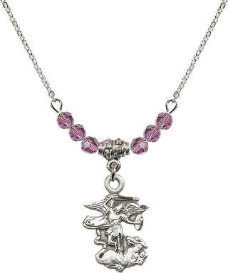 18" Rhodium Plated Necklace with 4mm Light Amethyst Crystal Beads featuring a Sterling Silver Saint Michael the Archangel Medal.