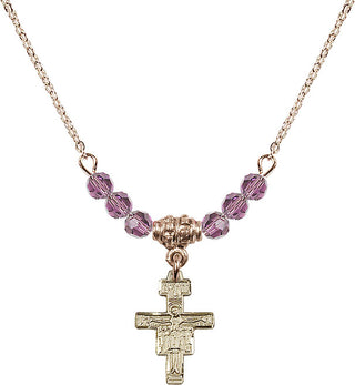 18" Hamilton Gold Plated Necklace with 4mm Light Amethyst Crystal Beads featuring a 14kt Gold Filled San Damiano Crucifix Medal.