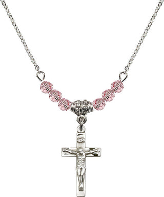 18" Rhodium Plated Necklace with 4mm Light Rose Crystal Beads featuring a Sterling Silver Crucifix Medal.