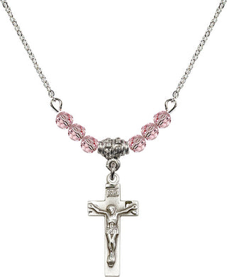 18" Rhodium Plated Necklace with 4mm Light Rose Crystal Beads featuring a Sterling Silver Crucifix Medal.