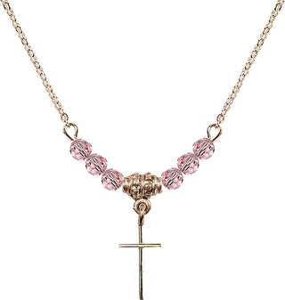 18" Hamilton Gold Plated Necklace with 4mm Light Rose Crystal Beads featuring a 14kt Gold Filled Cross Medal.