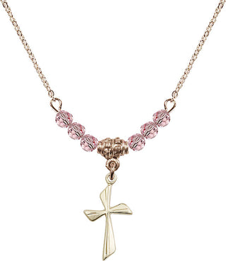 18" Hamilton Gold Plated Necklace with 4mm Light Rose Crystal Beads featuring a 14kt Gold Filled Cross Medal.